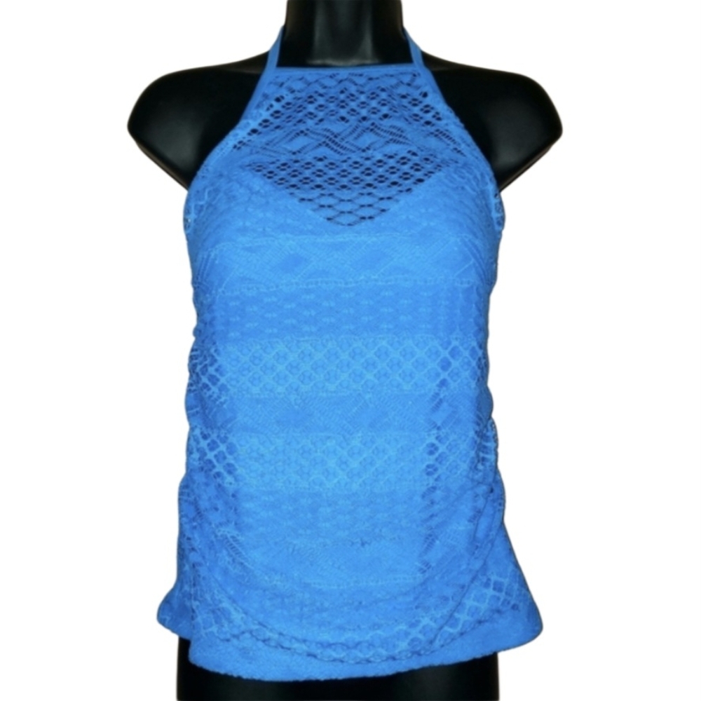 ISLAND ESCAPE Turquoise Blue High Neck Lace Halter Push Up Tankini Swim Top Sz 6